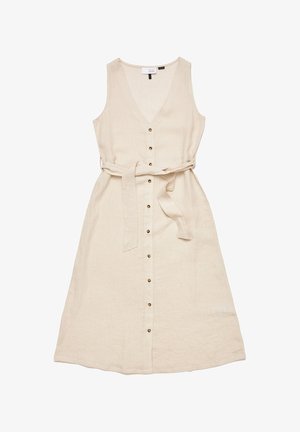 Beige linen dress with a V-neck, button-front, and a tied waist. Features a flowy silhouette and subtle texture.