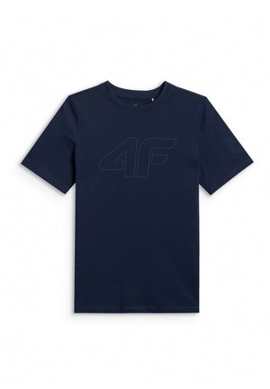 Granatowy t-shirt z krótkim rękawem, okrągłym dekoltem i subtelnym wytłaczanym logo "4F" na piersi.
