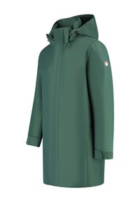 Groene waterdichte lange jas met een verstelbare capuchon, een doorlopende ritssluiting bedekt door een stormflap en polsbanden voor sluiting.