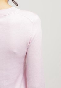 Maglione rosa chiaro, materiale a maglia morbido, scollatura rotonda, maniche lunghe, dettagli di cucitura visibili sulle spalle, design minimalista.