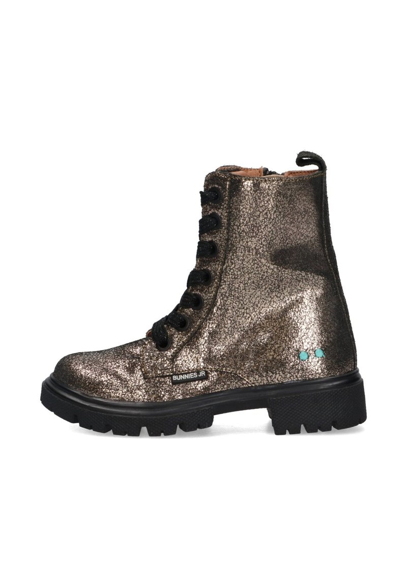 Glittery bronze ankle boots with black laces, textured surface, flat black outsole, and teal accents on the heel.