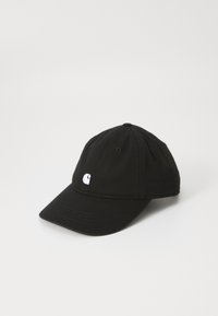 Gorra de béisbol negra de algodón con visera curva, que presenta un logo blanco en la parte delantera y detalles de paneles cosidos.