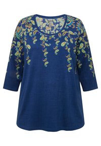 Marinblå långärmad tunika med en broderad paisleymönster i gult, grönt och blått. Har en rundad halsringning och avslappnad passform.