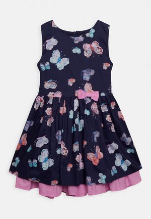 Navy blue sleeveless dress featuring a butterfly print in pastel colors, with a pink bow at the waist and a layered pink hem.