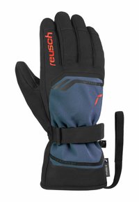 Waterdichte winterhandschoenen met een softshell buitenkant; zwart en blauw kleurenschema; beschikt over een verstelbare polsriem en versterkte vingertoppen.