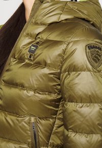 Chaqueta acolchada color verde oliva con capucha, que incluye un parche con logo en el pecho izquierdo, bolsillos con cremallera y textura acolchada.