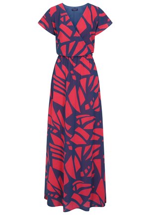 Maxi šaty s námořnickým podkladem a výraznými červenými geometrickými vzory, s obálkovým výstřihem, krátkými rukávy a elastickým pasem pro pohodlí.