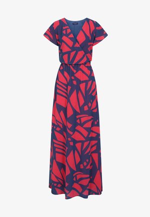 Maxi šaty s námořnickým podkladem a výraznými červenými geometrickými vzory, s obálkovým výstřihem, krátkými rukávy a elastickým pasem pro pohodlí.