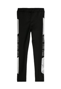 Svarta leggings med en elastisk midja, med silverdetaljer på sidorna och vit text som säger "RUN TOO FAR" på ett ben.