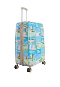 Hartschalenkoffer mit einem blauen, strandinspirierten Design. Verfügt über sandfarbene Akzente, einen Teleskopgriff und vier drehbare Räder für eine einfache Manövrierbarkeit.