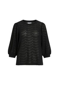 Blouse noire texturée avec un motif en chevrons, col rond et manches ballon. Coupe décontractée, fabriquée en tissu léger.