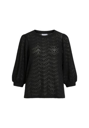 Blouse noire texturée avec un motif en chevrons, col rond et manches ballon. Coupe décontractée, fabriquée en tissu léger.