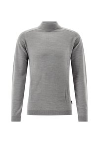 Grau, langärmeliger Pullover mit hohem Rippenkragen und gerippten Manschetten. Hergestellt aus weichem Material mit einer einfachen, glatten Textur.