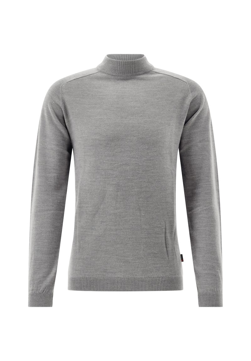 Grau, langärmeliger Pullover mit hohem Rippenkragen und gerippten Manschetten. Hergestellt aus weichem Material mit einer einfachen, glatten Textur.