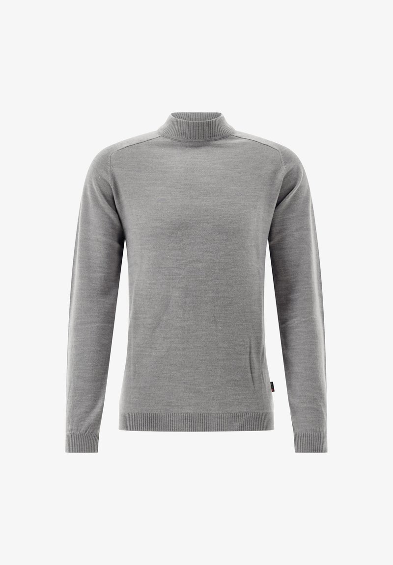 Grau, langärmeliger Pullover mit hohem Rippenkragen und gerippten Manschetten. Hergestellt aus weichem Material mit einer einfachen, glatten Textur.