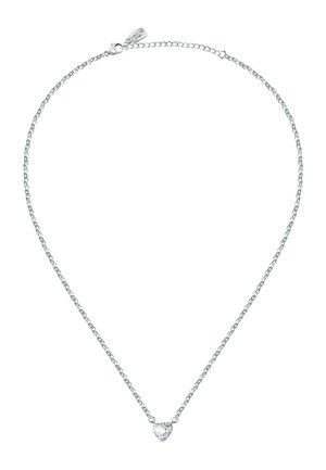 Delicate silver chain necklace with a small heart-shaped clear gemstone pendant and a lobster clasp closure.