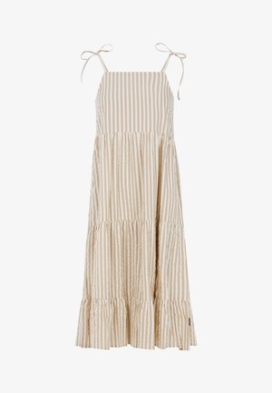 Beżowa sukienka w paski z warstwowym fasonem, regulowanymi ramiączkami i falbaniastym dołem. Wykonana z lekkiego materiału o fakturowanym wykończeniu.