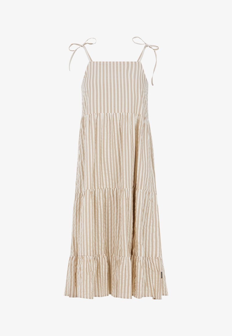Prugasta bež haljina s višeslojnim dizajnom, podesivim naramenicama i volanima na rubu. Izrađena od laganog materijala s teksturiranim finishem.