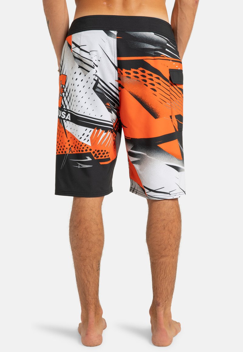 Black and orange patterned board shorts feature a breathable material, abstract designs, stretch waistband, and side pocket.