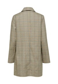 Lang beige og brun rutig blazer med klassisk krave, lange ærmer og lige rygudsigt.