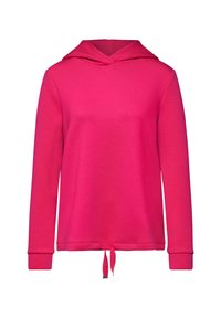Sweat-shirt à capuche rose avec des manches longues, fabriqué en tissu doux. Comprend un cordon de serrage à la taille et des poignets aux bords des manches.