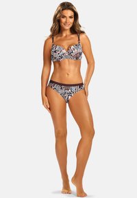 Bikini z fiszbiną w wielokolorowym wzorze w odcieniach brązu, bieli i niebieskiego. Gładki materiał z regulowanymi ramiączkami i szerokim pasem.