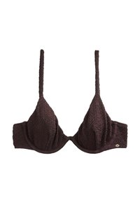 Sutien din material texturat maro închis, cu bretele subțiri reglabile și suport cu armătură, având un mic logo metalic al mărcii pe banda laterală.