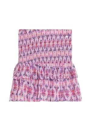 Falda con estampado floral en tonos rosa y morado, con cintura fruncida y dos volantes superpuestos en el dobladillo.