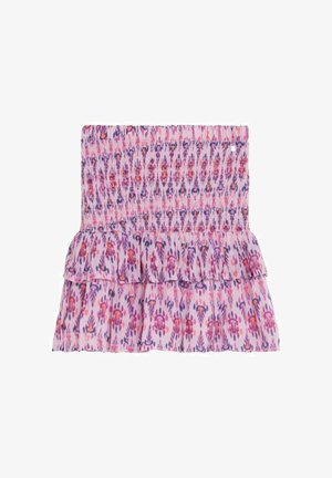 Falda con estampado floral en tonos rosa y morado, con cintura fruncida y dos volantes superpuestos en el dobladillo.