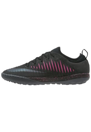 Black athletic shoe with pink diagonal stripes, textured sole with pink speckles, and pull tab at the heel, shown in side profile.
