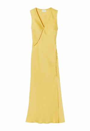 Vestito midi giallo senza maniche con scollo a V, dettagli asimmetrici con bottoni sul davanti e spacco laterale.
