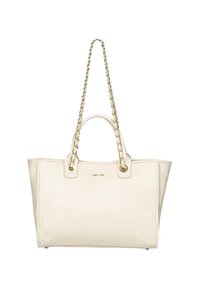 Kremowa skórzana torebka typu tote z złotymi akcentami. Posiada podwójne górne uchwyty oraz łańcuszek na ramię. Minimalistyczny design z gładką strukturą.