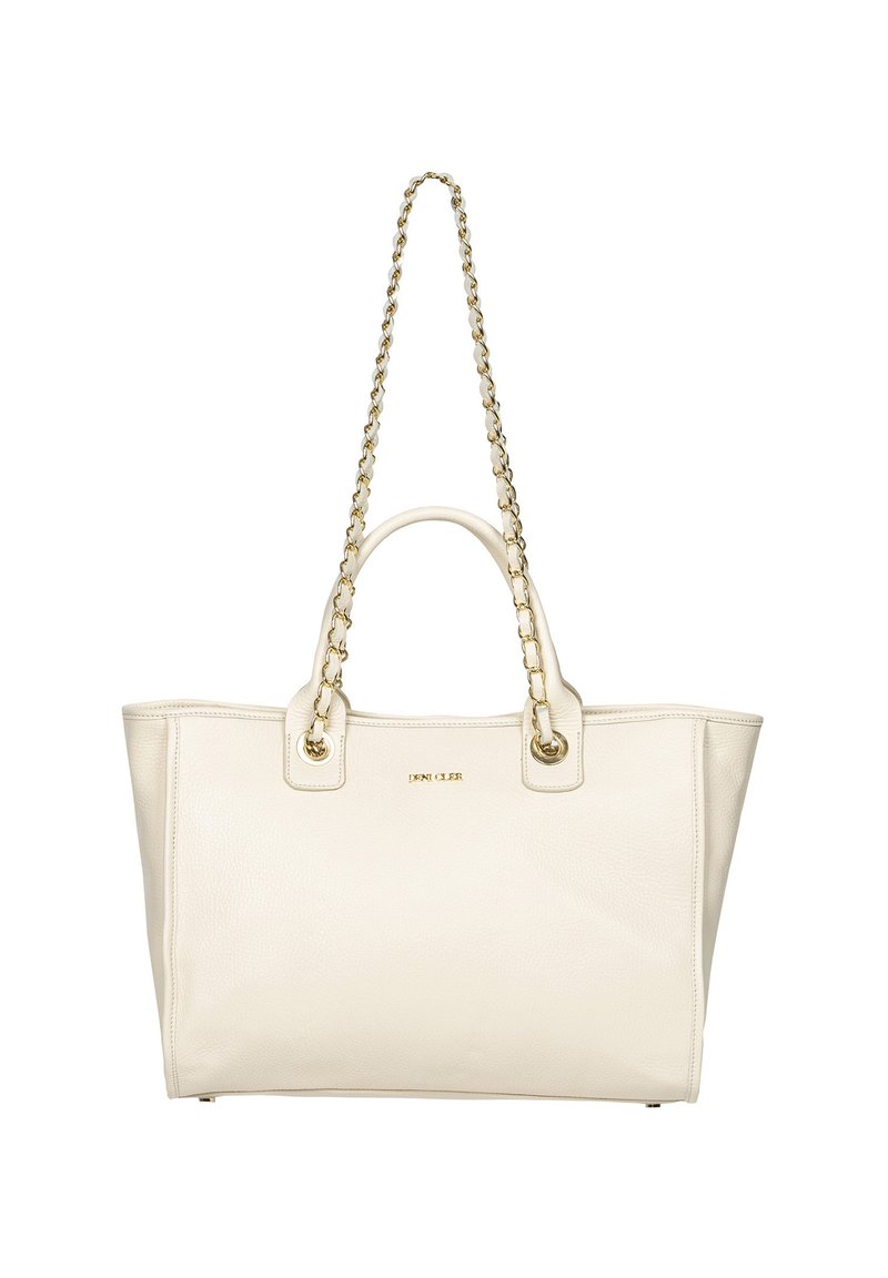 Kremowa skórzana torebka typu tote z złotymi akcentami. Posiada podwójne górne uchwyty oraz łańcuszek na ramię. Minimalistyczny design z gładką strukturą.