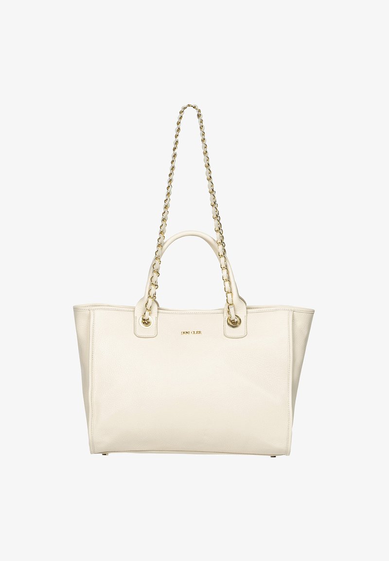 Kremowa skórzana torebka typu tote z złotymi akcentami. Posiada podwójne górne uchwyty oraz łańcuszek na ramię. Minimalistyczny design z gładką strukturą.