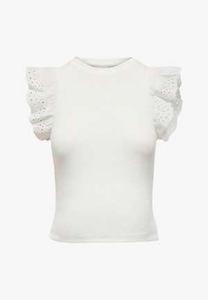 Biały top bez rękawów z okrągłym dekoltem i marszczonymi bufkami z ażurowej koronki, dopasowany materiał dzianinowy.