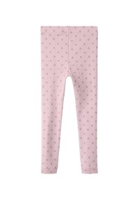 Lyserøde leggings lavet af blødt materiale, med et let prikket mønster i en lidt mørkere nuancer, og med en komfortabel elastisk talje.