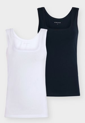 Deux débardeurs emballés ensemble, un blanc et un bleu marine foncé. Fabriqués en coton doux, avec des encolures carrées et une coupe ajustée.