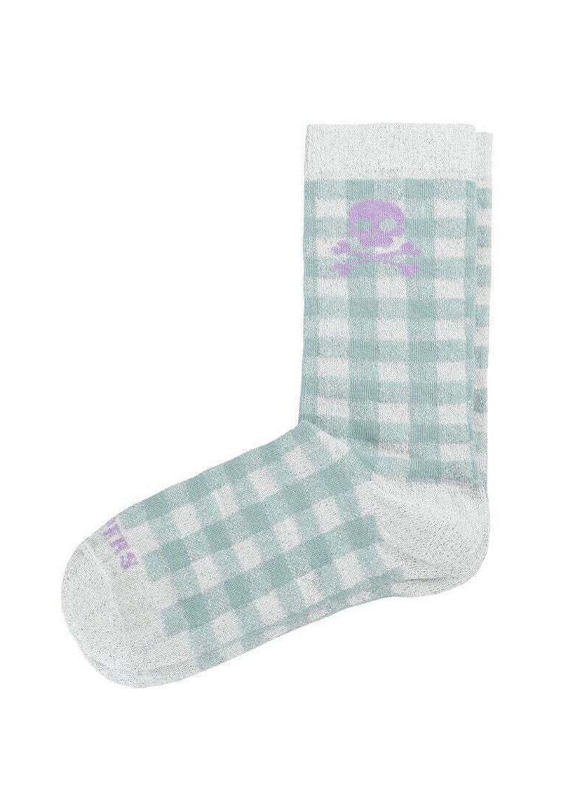 Calcetín de cuadros verdes con una base gris claro, que presenta un pequeño diseño de calavera púrpura cerca de la parte superior y un dedo del pie gris sólido.