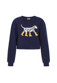 Tengerészkék pulóver rövidített fazonnal, fehér dalmata sárga csizmában. Pamut anyagból, kerek nyakkal és hosszú ujjakkal.