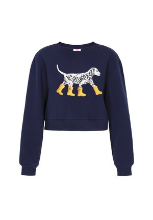 Sudadera azul marino de diseño recortado, con un dálmata blanco con botas amarillas. Material de algodón, cuello redondo y mangas largas.