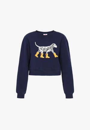Marineblauwe sweatshirt met een cropped ontwerp, met een witte Dalmatier in gele laarzen. Gemaakt van katoen, met een ronde hals en lange mouwen.