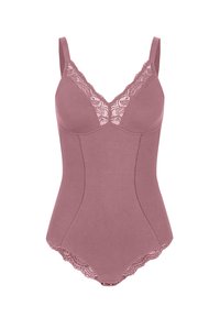 Mauve Bodysuit mit Spitzenverzierungen am Ausschnitt, verstellbaren Trägern, weichem Stoff und nahtlosen Seiten für eine glatte Passform.