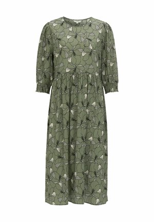 Grøn blomsterkjole med elastiske trekvartlange ærmer, rund halsudskæring og lagdelt design. Har et sort og cremefarvet bladmotiv.