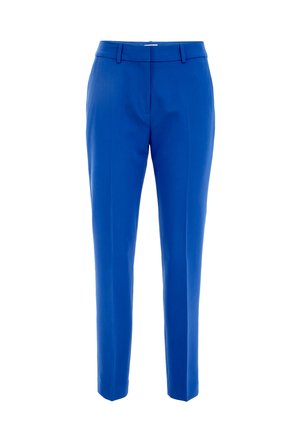 Pantaloni blu su misura in tessuto morbido e testurizzato, con vestibilità slim, gambe dritte e frontale piatto con dettagli minimi.