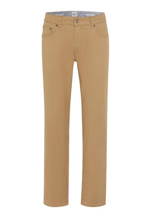 Gerade geschnittene Hosen mit vorderem Knopf und Reißverschluss, Fünf-Taschen-Stil und geblümtem Innenbund.