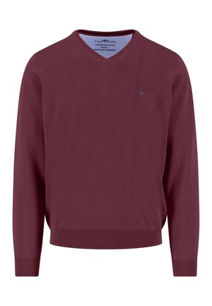 Herren Langarm V-Ausschnitt Pullover in dunklem Pflaumenton, mit gerippten Bündchen und Saum, kleines Logo-Stickerei auf der linken Brust.