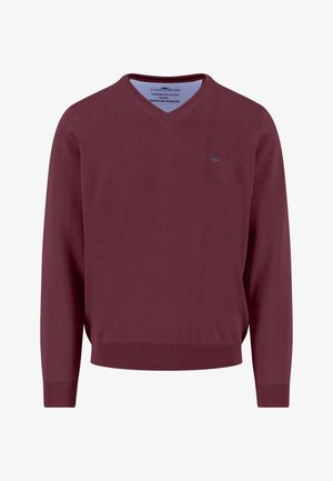 Herren Langarm V-Ausschnitt Pullover in dunklem Pflaumenton, mit gerippten Bündchen und Saum, kleines Logo-Stickerei auf der linken Brust.