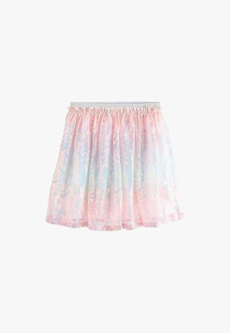 Leichter Rock in Pastellrosa und -blau aus transparenter Stoff mit gewelltem Muster und elastischem Bund.