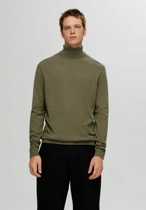 Olivgrüner Rollkragenpullover aus weichem Material, mit langen Ärmeln und taillierter Passform. Kombiniert mit schwarzen Hosen.