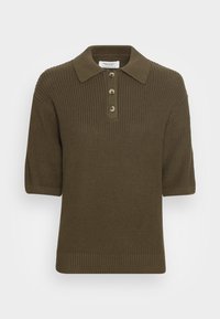 Olivově zelená polokošile s krátkým rukávem, s ribbovanou texturou, klasickým límečkem a třemi knoflíky vpředu. Lem je mírně elastický.